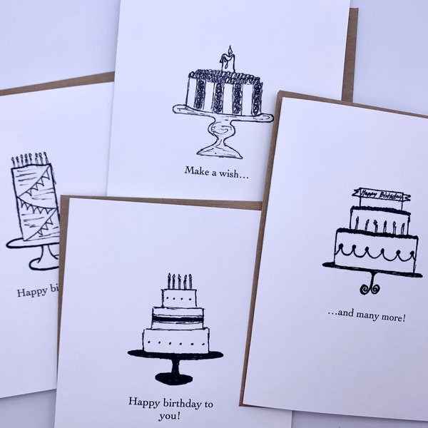Minimalist Birthday Cake Cards, Pen and Ink Drawings, Cute and Simple Illustrations, Hand Drawn Stationary, Set of Four, Kraft Envelope