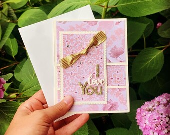 Handmade Wedding Anniversary Card, Pink Floral Valentine Gift, I Love You Stationary Set, Beautiful Glitter, For Her, Wife, Girlfriend