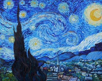 Notte stellata - Riproduzione del dipinto ad olio dipinto a mano di Vincent van Gogh 30"x36", opere d'arte famose, paesaggio notturno, decorazioni per la casa