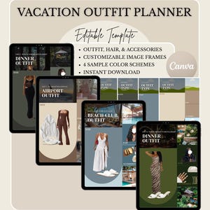 May include: A digital vacation outfit planner template on a tablet, featuring outfit ideas for dinner, airport, and beach club. The template includes customizable image frames, hair and accessories, and color schemes. Text reads "Vacation Outfit Planner" and "Editable Template".