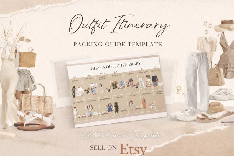 Sjabloon vakantie-outfitplanner | Canva-routebeschrijving, reisblogger (digitale download) afbeelding 1