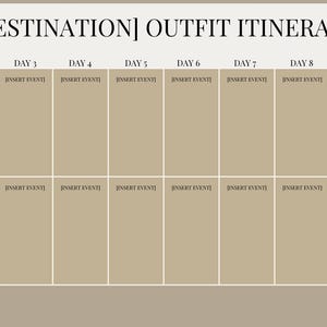 Op de afbeelding: Een beige en bruine planner met de tekst "[DESTINATION] OUTFIT ITINERARY" bovenaan. De planner is verdeeld in 10 kolommen met de labels "DAG 1" tot en met "DAG 10". Elke kolom heeft twee rijen met de tekst "GEBEURTENIS INVOEGEN" in elke rij.