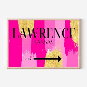 Lawrence pink preppy poster, Custom city wall art, Preppy room decor, College apartment decor, Pink teen room, Kansas college, Trendy poster