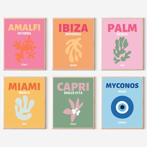 Set of 6 Travel Poster Prints, Preppy Room Decor, Famous places prints, Y2K Posters, Dorm Room Prints, Pastel Posters, Miami Ibiza Capri