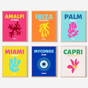 Set of 6 Travel Poster Prints, Preppy Room Decor, Famous places prints, Y2K Posters, Dorm Room Prints, Colorful posters, Miami Ibiza Capri