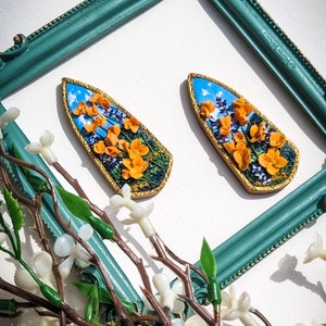 Framed California Poppy Field Earrings | Impressionist Wildflower Landscape Earrings | landscape Earrings | Handmade Gifts for Her