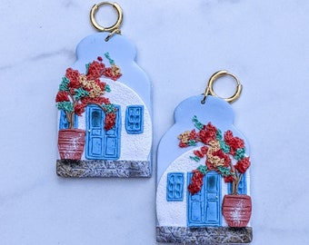 Santorini Blue and White Landscape Earrings | Handmade Gifts for Her | Elegant Greece Earrings | Red petunia Floral Earrings | Mamma Mia |