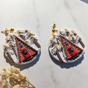Cozy Christmas Cabin Clay Earrings A Frame Cabin Earrings Holiday Cabin Dangles Handmade Holiday gifts For Her Cabin Aesthetic image 1