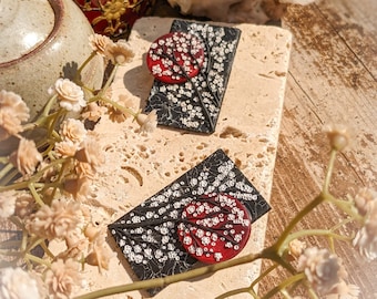 Goth Blood Moon Bloom Earrings | Witchy Floral Moon Studs | Asian Framed Art Earrings | Halloween Moon and Flower Earrings | Pagan Earrings
