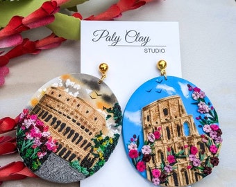 Colosseum Rome Clay Earrings | Rome Landscape Earrings | Pink Floral Dangles | Globe Trotter Gifts | Handmade Holiday gifts For Her |