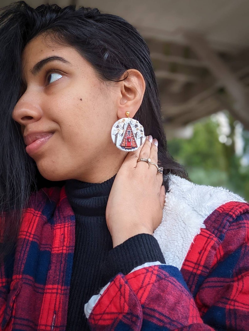 Cozy Christmas Cabin Clay Earrings A Frame Cabin Earrings Holiday Cabin Dangles Handmade Holiday gifts For Her Cabin Aesthetic image 8