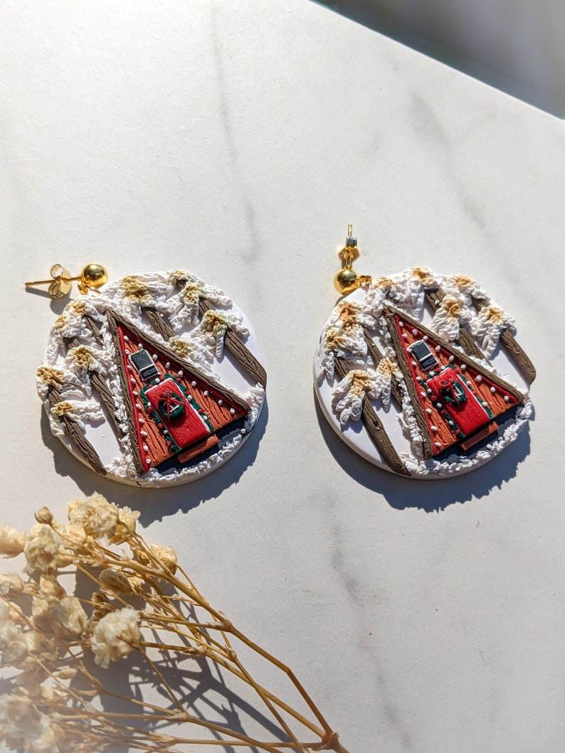 Cozy Christmas Cabin Clay Earrings A Frame Cabin Earrings Holiday Cabin Dangles Handmade Holiday gifts For Her Cabin Aesthetic image 1