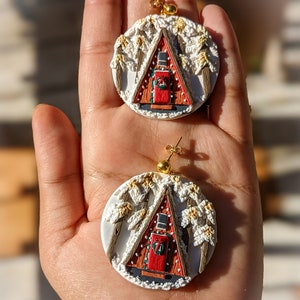 Cozy Christmas Cabin Clay Earrings A Frame Cabin Earrings Holiday Cabin Dangles Handmade Holiday gifts For Her Cabin Aesthetic image 2