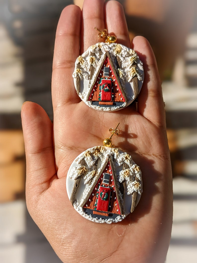 Cozy Christmas Cabin Clay Earrings A Frame Cabin Earrings Holiday Cabin Dangles Handmade Holiday gifts For Her Cabin Aesthetic image 2