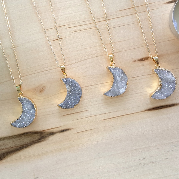 Crystal Quartz Moon Necklace Crescent Moon Druzy Pendant