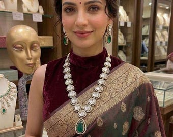 Moissanite Doublet Stone Necklace Set, Green Teardrop Bridal Statement Jewelry