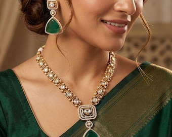 Moissanite Green Doublet Stone Bridal Jewelry Set, Gold Statement Necklace Earrings