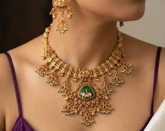 Antique Gold Bridal Necklace Set, Indian Temple Jewelry Choker with Earrings