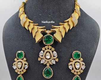 Emerald Green Statement Necklace Set, Gold Bridal CZ Wedding Jewelry