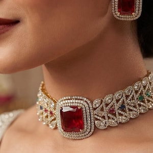 Victorian Ruby Choker Necklace Set, CZ Diamond Bridal Jewelry, Wedding Party Statement Earrings