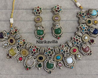 Conjunto de collar nupcial inspirado en Sabyasachi, gargantilla multicolor con piedras auténticas.