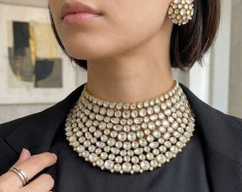 Polki Kundan Choker Necklace Set, Gold Plated Victorian Bridal Statement Bib