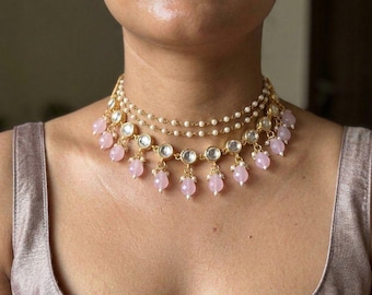 Traditional Kundan Choker Necklace Set with Pink Beads & Earrings | Indian Bridal Jewelry