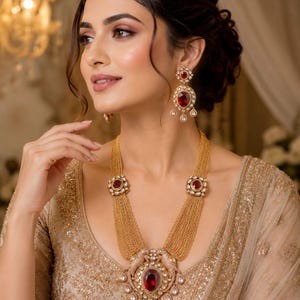 Kundan Lange Halskette Set, Rot Rubin Glassteine, Indische Hochzeit Brautschmuck