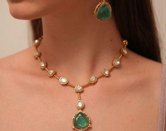Royal Reflection: Imitation Emerald & Kundan Choker Necklace Set”