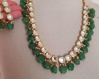 Emerald Green & Rose Blush Kundan Necklace Set: Indian Bridal Jewelry