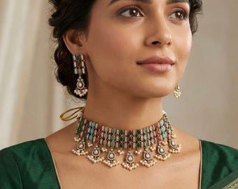 Zestaw wielokolorowych naszyjników Kundan Choker, kolczyki ślubne w stylu indyjskim