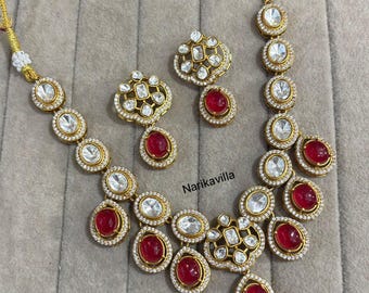 Moissanite Doublet Stone Halsketten-Set, indische Brautgoldhochzeitsschmuck