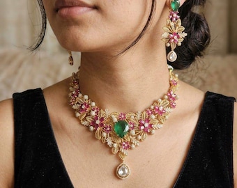 Kundan Choker Necklace Set: Emerald Ruby Floral Bridal Indian Jewelry