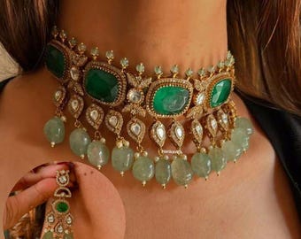 Emerald Green Kundan Choker Set, Indian Bridal Necklace, Polki Wedding Jewelry