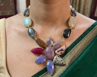 Handmade Multi Stone Flower Pendant Necklace, Bold Boho Gemstone Jewelry