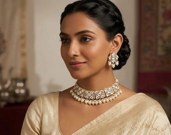 Moissanite Kundan Choker Necklace Set, Pearl Droplets, Indian Bridal Wedding Jewelry