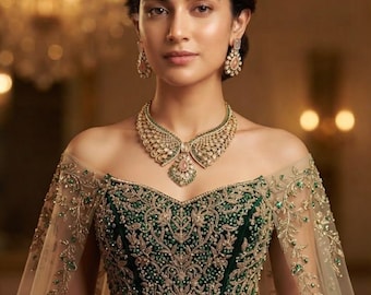 Grünes Kundan-Choker-Set mit Ohrringen, Maang Tikka, indischer Brautschmuck