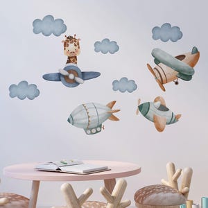 Safari animal decor for nursery room, Hot air balloons with animals wall decals, savanna nursery animals for kids room