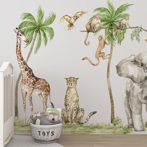 XXL Safari nursery Wall decals for kids room, Elephant with giraffe and cheetah wall stickers for nursery room