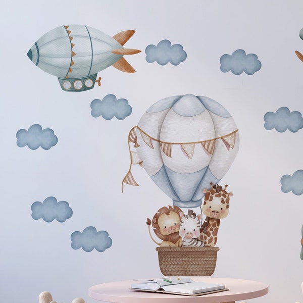 kinderkamer muurstickers, luchtballonnen met dieren muurstickers, safari kinderkamer dieren voor de kinderkamer