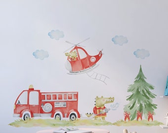Wall sticker for children&#39;s room, fire brigade wall decals peel and stick, nursery wall decals, Wall sticker fire brigade,