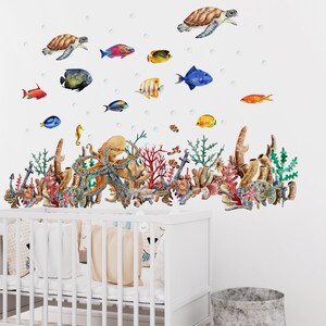 ocean wall decal coral fish wall decal, under the sea wall decal,  sea animals wall sticker, Sticker Set octopus, sea Turtle decal,