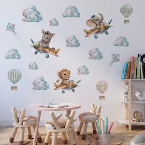Safari animal decor for nursery room, Hot air balloons with animals wall decals, savanna nursery animals for kids room