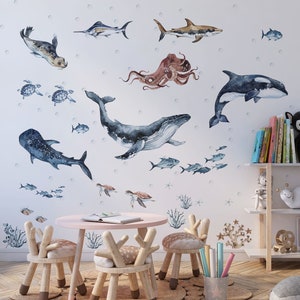 ocean wall decal, shark wall decal, whale wall decal, under the sea wall decal, sea turtle wall decals, sharks wall stickers, nursery decal