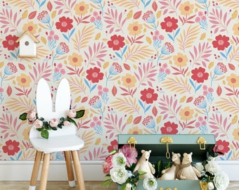 floral wallpaper, nursery floral wallpaper, nursery wall mural, wildflower wallpaper
