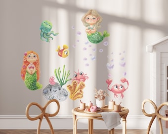 Mermaid Wall Decal Set for Girls, Underwater Peel and Stick Wall Art, Ocean Kids Room Decor