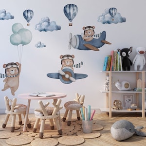 nursery bear wall decals, hot air ballon wall decals, plane wall decals, wall decals nursery, kids wall decals
