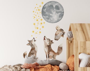 wolf and moon wall decals, nursery wall decal  woodland wall decal, mountain decal, woodland decal, woodland wall stickers,
