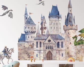 Dragon Wall Stickers, knight wall decal, Castle Wall Decal with Knight for Kids Room, dragon wall decals for boys room,