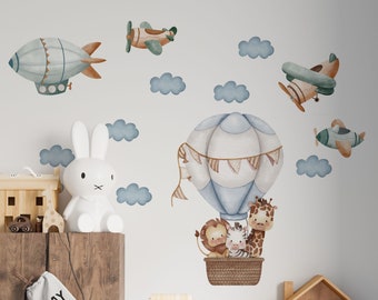 Decoración de animales safari para sala de guardería, globos aerostáticos con calcomanías de pared de animales, animales de guardería de sabana para habitación de niños